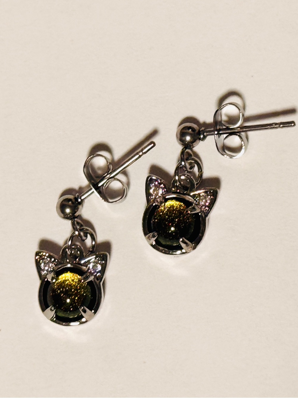 Cat Ear Dangle Stud Earrings in Yellow-Green Glitter - Handmade